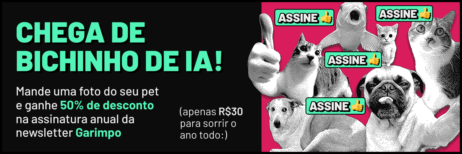 Imagem promocional da newsletter Garimpo. Texto: “Chega de bichinho de IA! Mande uma foto do seu pet e ganhe 50% de desconto na assinatura anual da Garimpo (apenas R$30 pra sorrir o ano todo)". À direita, montagem com cães e gatos e botões “ASSINE 👍”.